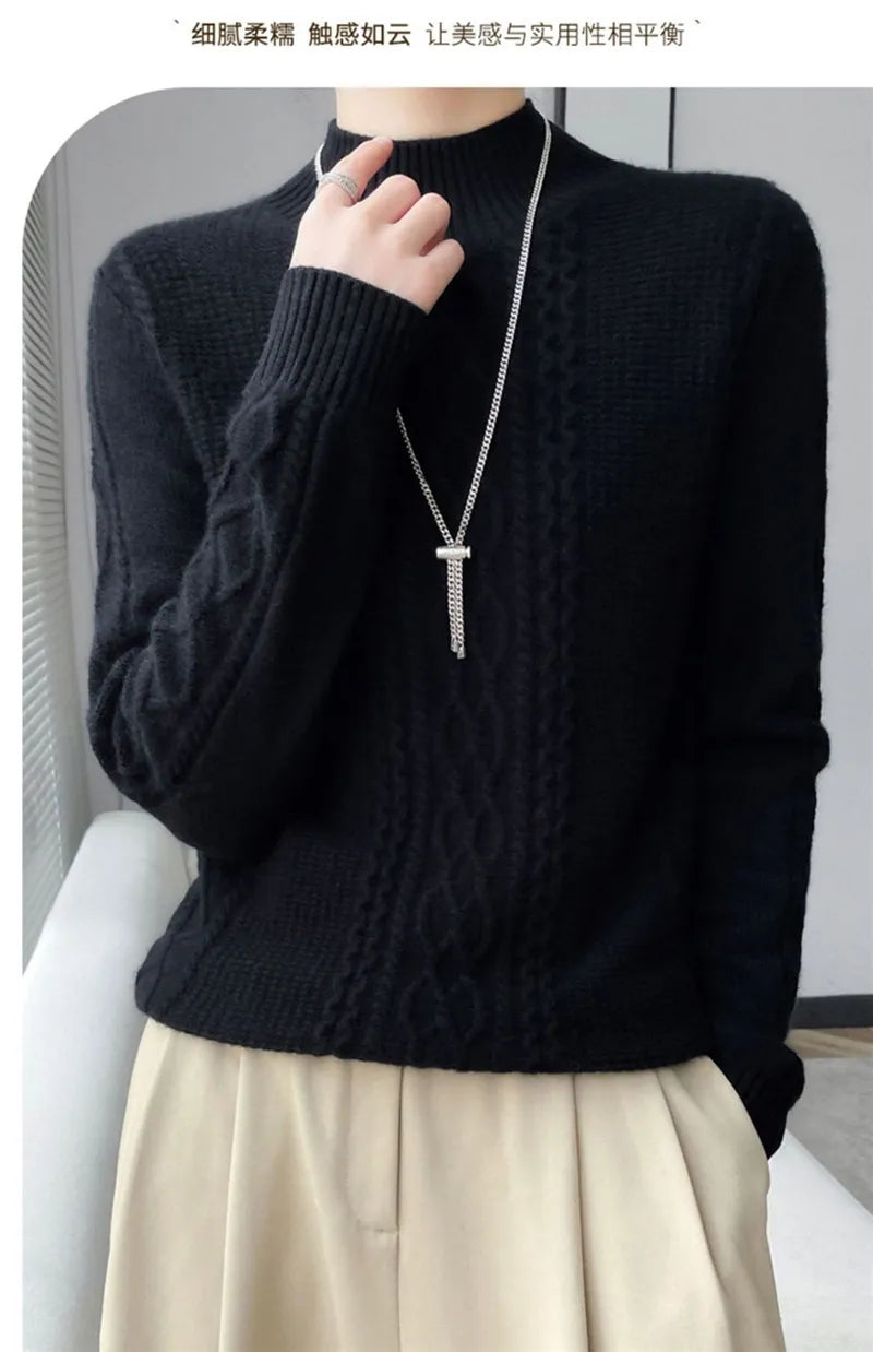Women's Sweater Spring Autumn Outside Wear Pullovers Half High Collar Knitwear Fashion Long Sleeve Pull Femme Sueter Tops