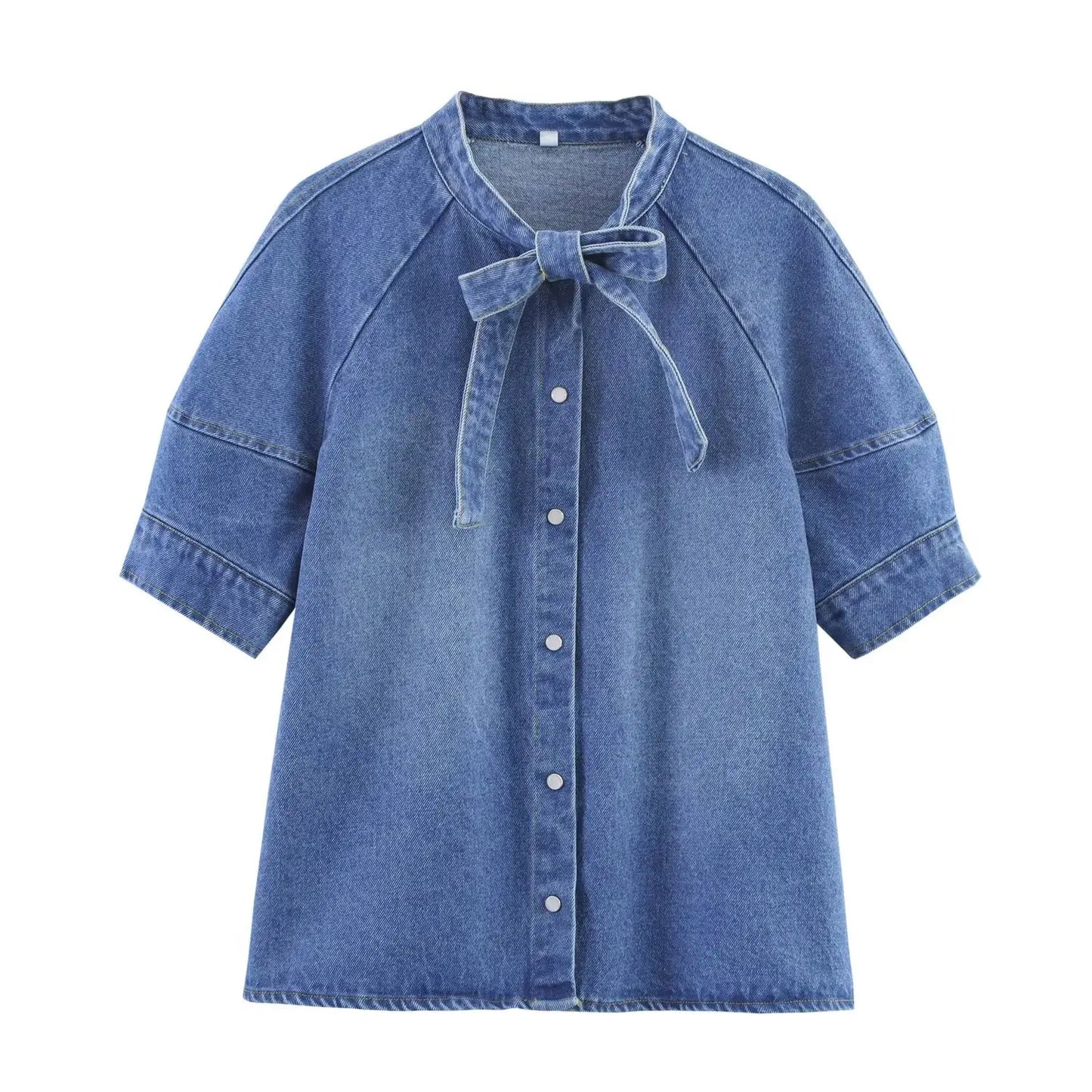 HH Women Casual Suits Bow Decoration Single-breasted Shirt+Zipper Pleated Elastic Waist Midi Skirt Denim Solid Skirt Sets
