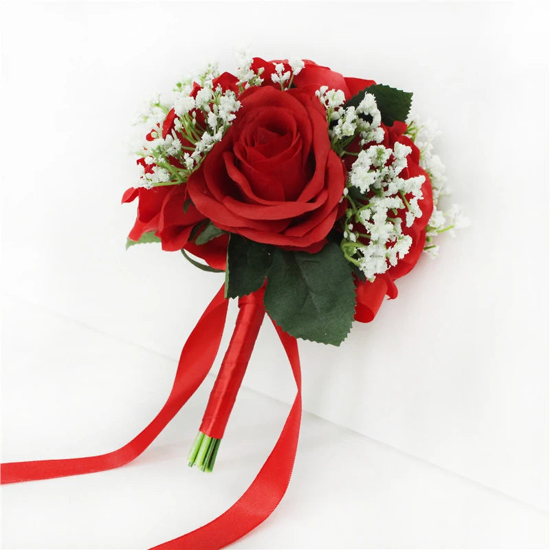 Bridal Bridesmaids Bouquets with Bowknot Ivory Roses Silk Flowers Bouquet for Valentine's Day Marriage Wedding Bride Photography