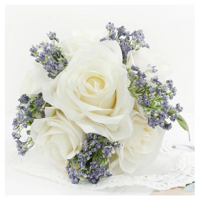 Bridal Bridesmaids Bouquets with Bowknot Ivory Roses Silk Flowers Bouquet for Valentine's Day Marriage Wedding Bride Photography
