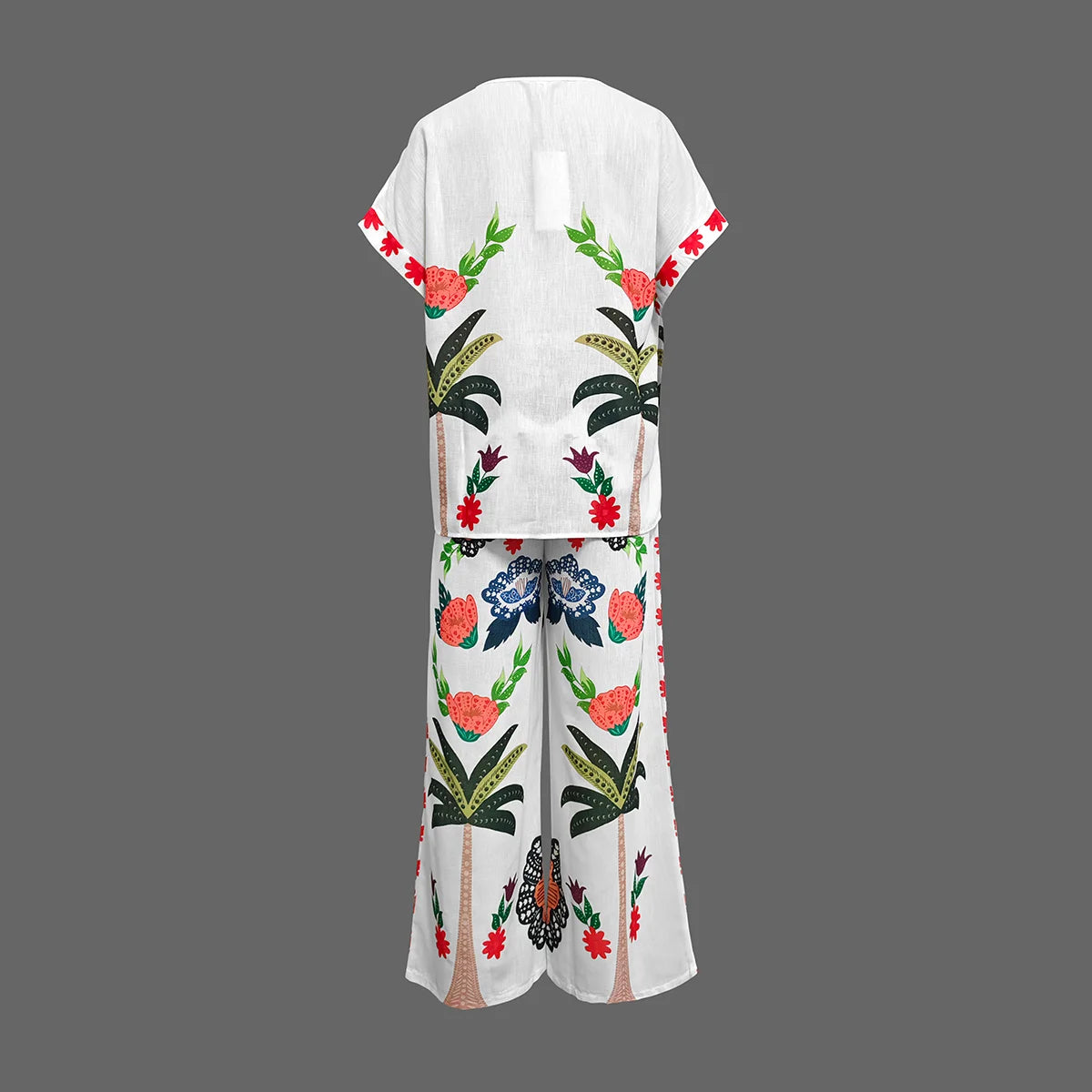 Women's Two-piece Set Tribal Style Printed V-Neck Blouses Casual Loose Drawstring Elasticity Pants Fashion Female Pants