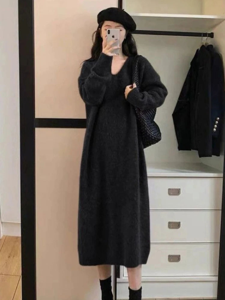 Sweater for Woman Autumn Winter Lazy Style V Neck Knitted Dresses Korean Fashion Casual Loose Thickened Warmth Sweaters Dress