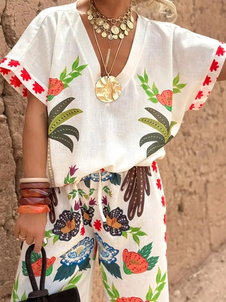 Women's Two-piece Set Tribal Style Printed V-Neck Blouses Casual Loose Drawstring Elasticity Pants Fashion Female Pants