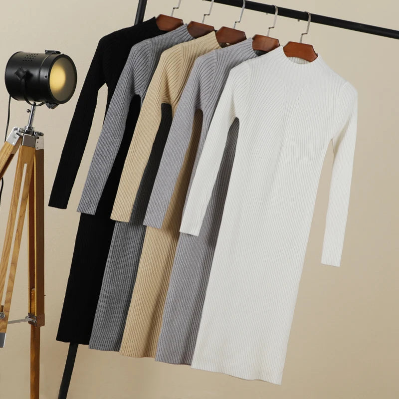 Sweater Dress Female 2025 Winter Knitted Basic Casual Women's Dresses Ladies Korean Fashion Clothes Clothing Robe Elegant Black