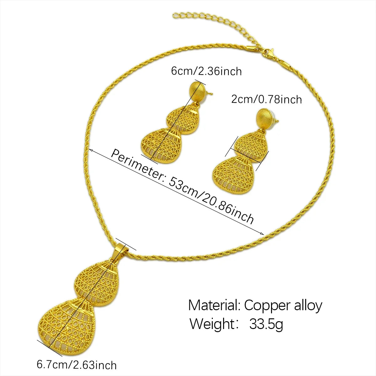 Ethiopian Jewelry Sets for Women Droplet Pendant Necklaces Earrings Two Pieces Set 24K Gold Color Eritrean Wedding Party Gifts