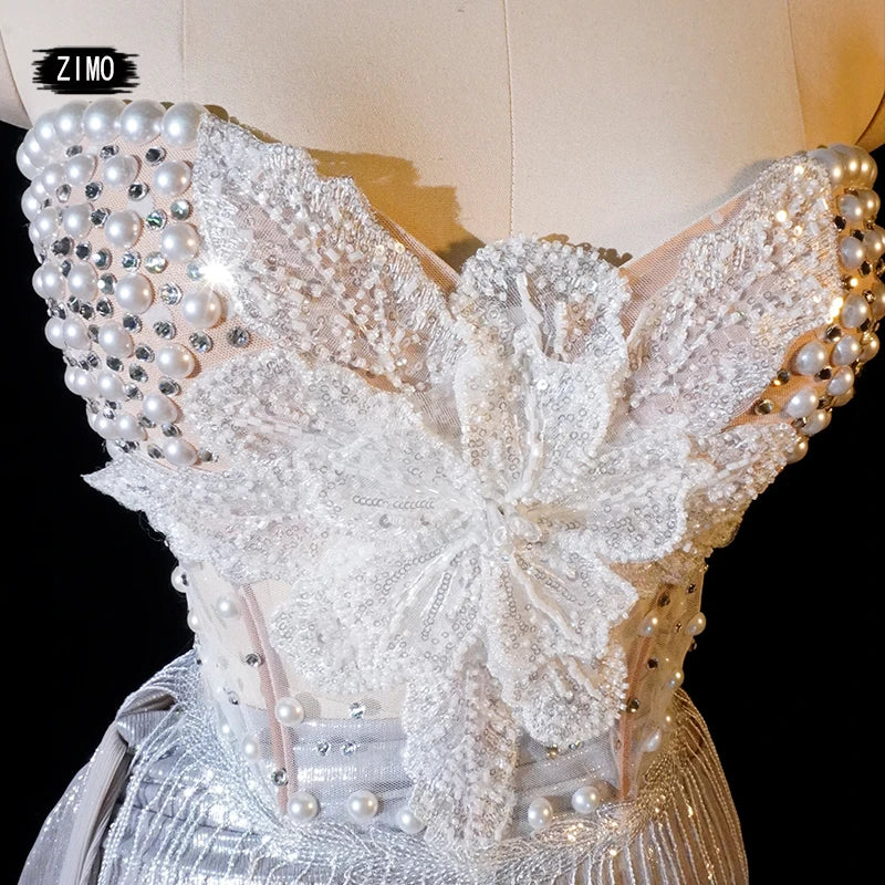 sexy women Two piece sets Evening Pearl dress nightclub party birthday wedding  stage flower dress singer pole dance clothing