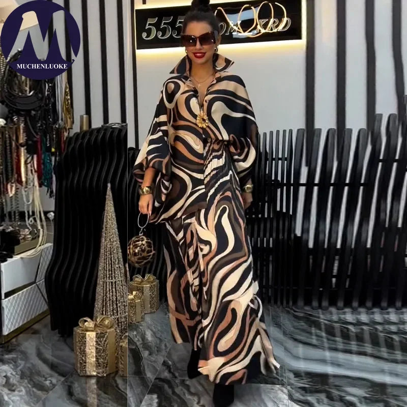 Women's Two Pieces Set Spring  Autumn New Elegant Printed Long Sleeves Tops Suits Fashionable Casual Loose Wide Leg Pants Sets