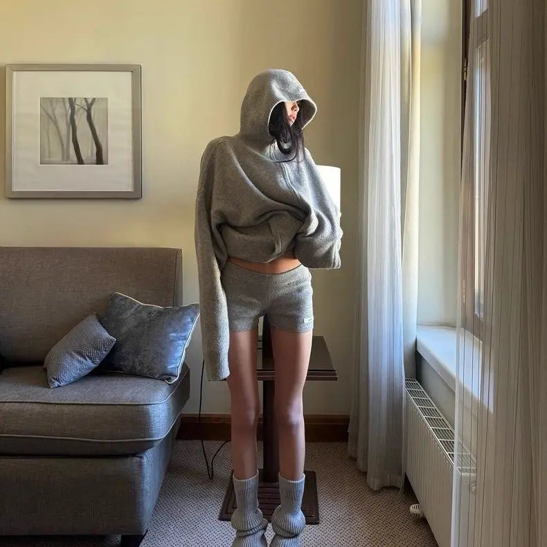 Sweater Set Women American Vintage Hooded Long Sleeve Cardigan Straight Shorts Grey Two Piece Outfit Fall Winter Streetwear Set