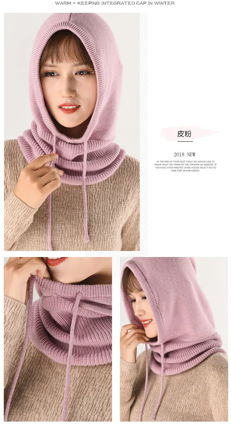 Winter Hats for Women, Wool Blend Hooded Scarf Hat for Girls Balaclava Knit Skull Cap Beanie Hat Neck Gaiters