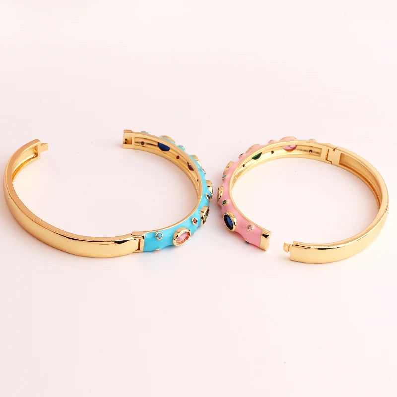 Luxury Colorful Enamel Bangles Bracelets for Women Party Gift Fashion Rainbow Zircon CZ Bangles Original 18K Gold Plated Jewelry