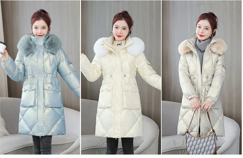 Champagne Winter Jacket Parkas Women Coat Fur Collar Hooded Overcoat Female Jacket Thick Warm Cotton Padded Puffer Parka Outwear