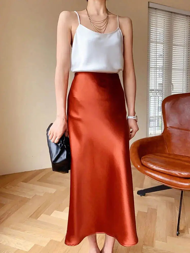 Elegant Skirts for Women Satin High Waisted 2025 New Slim Fit Long Skirt Fashion Temperament Simple Versatile Grey Black Skirts