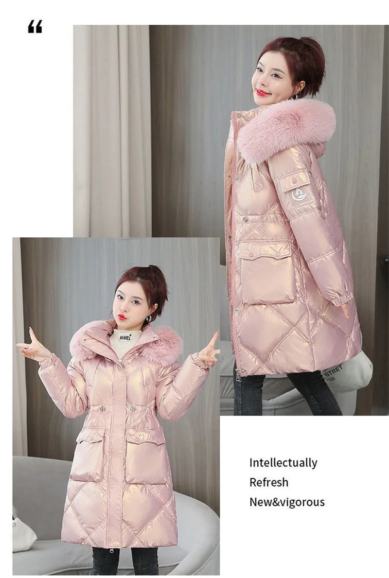 Champagne Winter Jacket Parkas Women Coat Fur Collar Hooded Overcoat Female Jacket Thick Warm Cotton Padded Puffer Parka Outwear