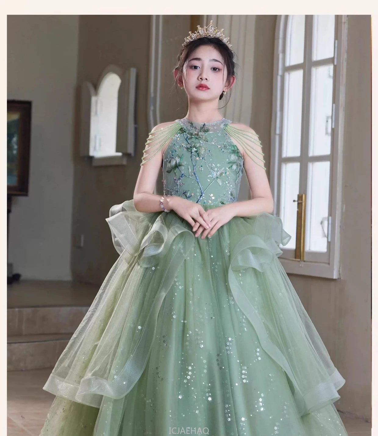 Teen Girl Clothes Green Girls Princess Dress Kids Pageant Host Gown Birthday Party Outfit PianoFormal Wear Recital Performance