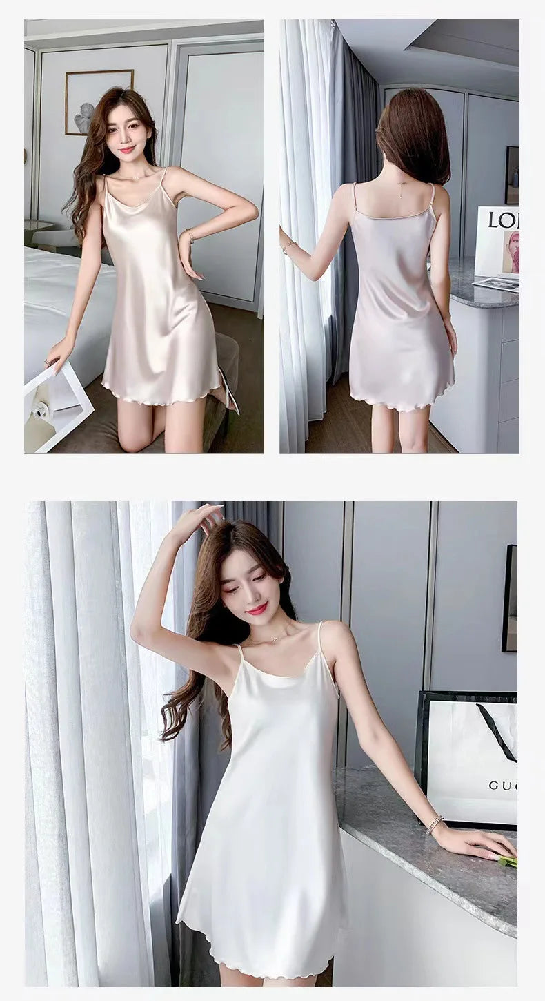 Women Silk Nightgowns Sexy Sleepwear Sleeping Dress Summer Pijamas Backless Slip dress lounge-wear Night Dress Ladies Sleepwear