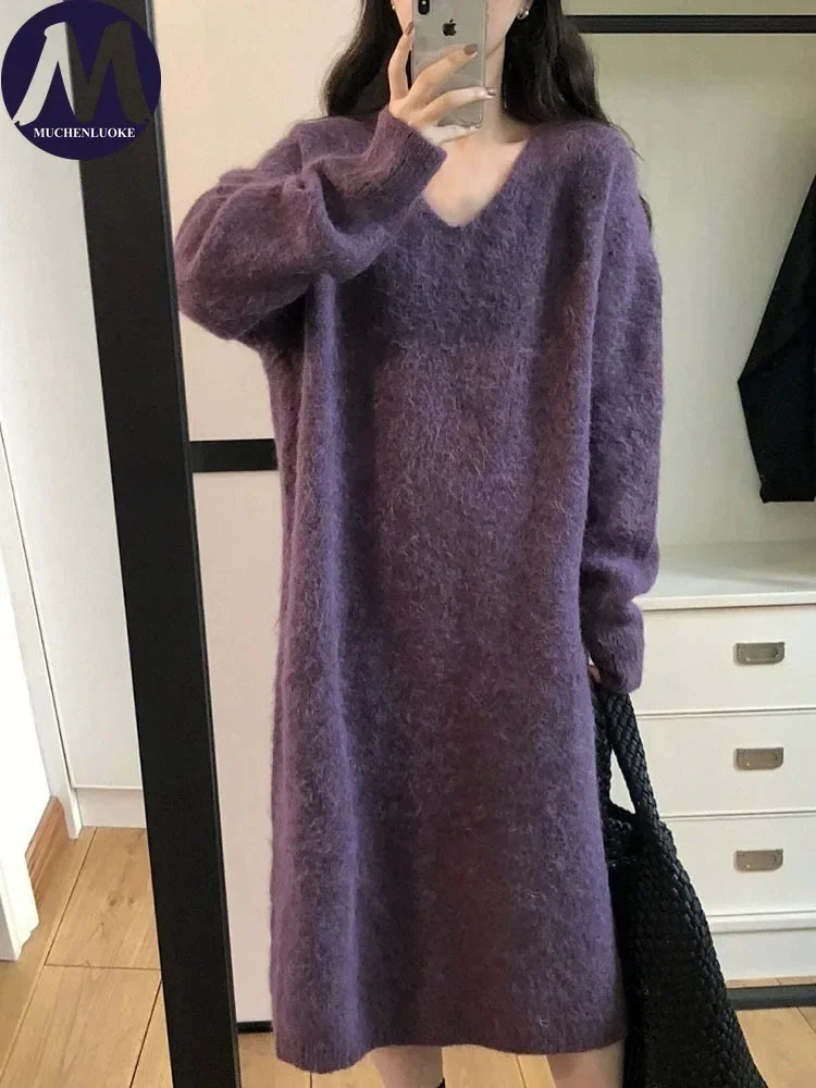 Sweater for Woman Autumn Winter Lazy Style V Neck Knitted Dresses Korean Fashion Casual Loose Thickened Warmth Sweaters Dress