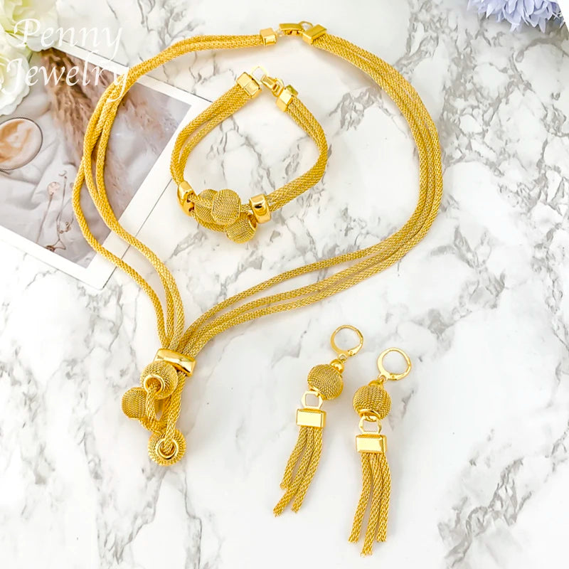 Daily Wear Exquisite Jewelry Set for Women Necklace Earrings Bracelet Dubai Gold Plated Jewellery for Banquet Party Wedding Gift