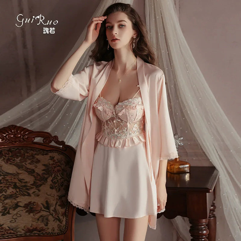Women Sleepwear 2PCS Robe Nightgown Set Sexy Patchwork Lace Suspender Lingerie Nightdress Silky vestidos Bathrobe Home Dress