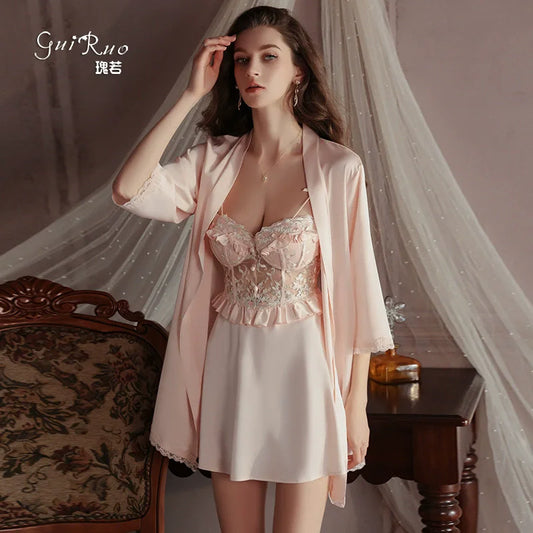 Women Sleepwear 2PCS Robe Nightgown Set Sexy Patchwork Lace Suspender Lingerie Nightdress Silky vestidos Bathrobe Home Dress