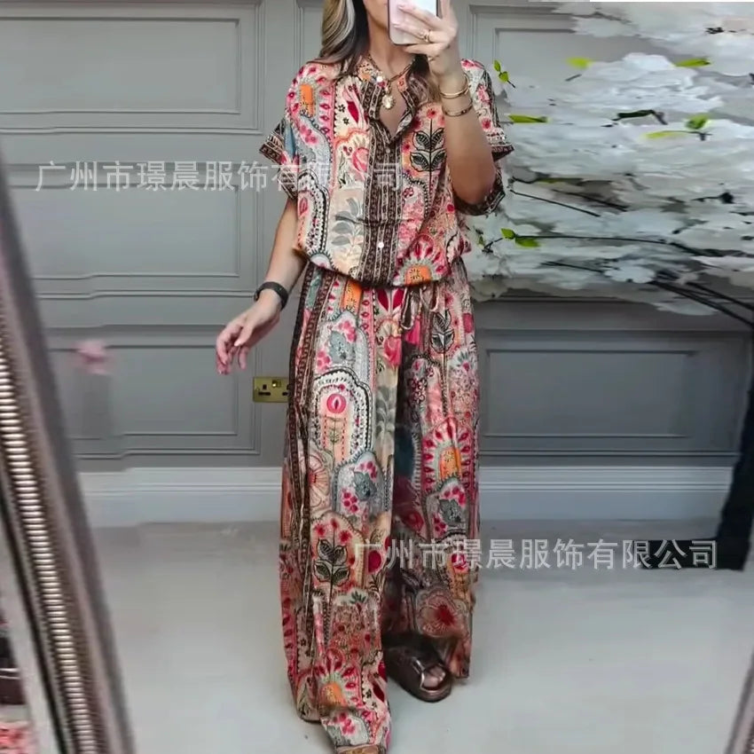 Woman 2 Piece Set Outfit New Summer Fashion Casual Loose Printed Short-sleeved Top + Wide-leg Trousers Two-piece Suit For Women