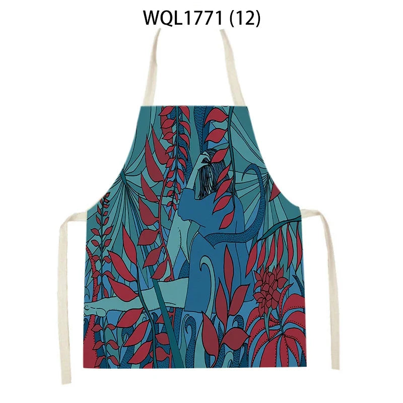 Kitchen Apron Modern Girl Plants Pattern Linen Aprons for Women Men Household Cleaning Apron Cooking Baking Accessories