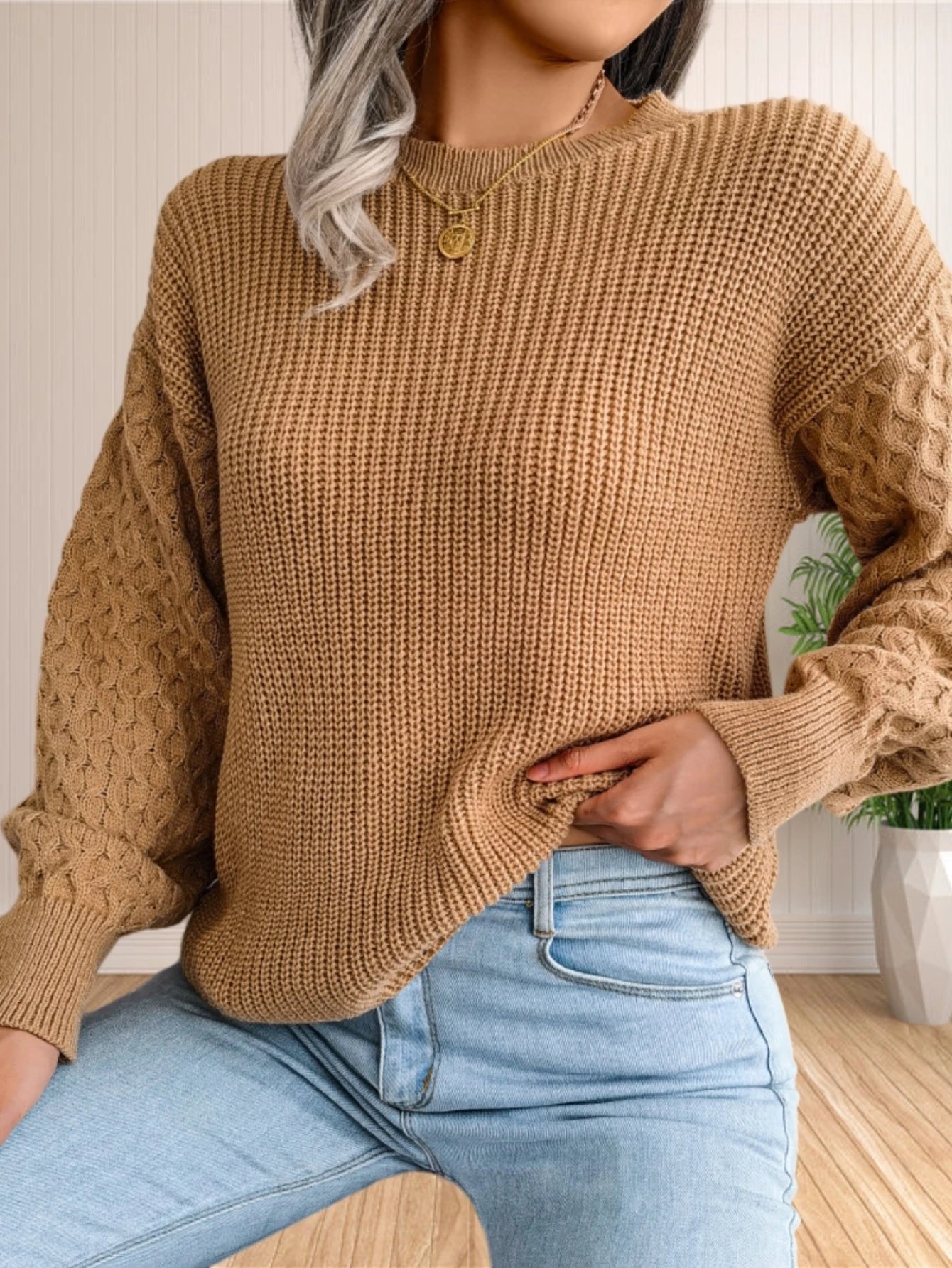 Sweater for Women Cable Knit Crew Neck Long Sleeves Fashion Casual Pullover Sweater Tops