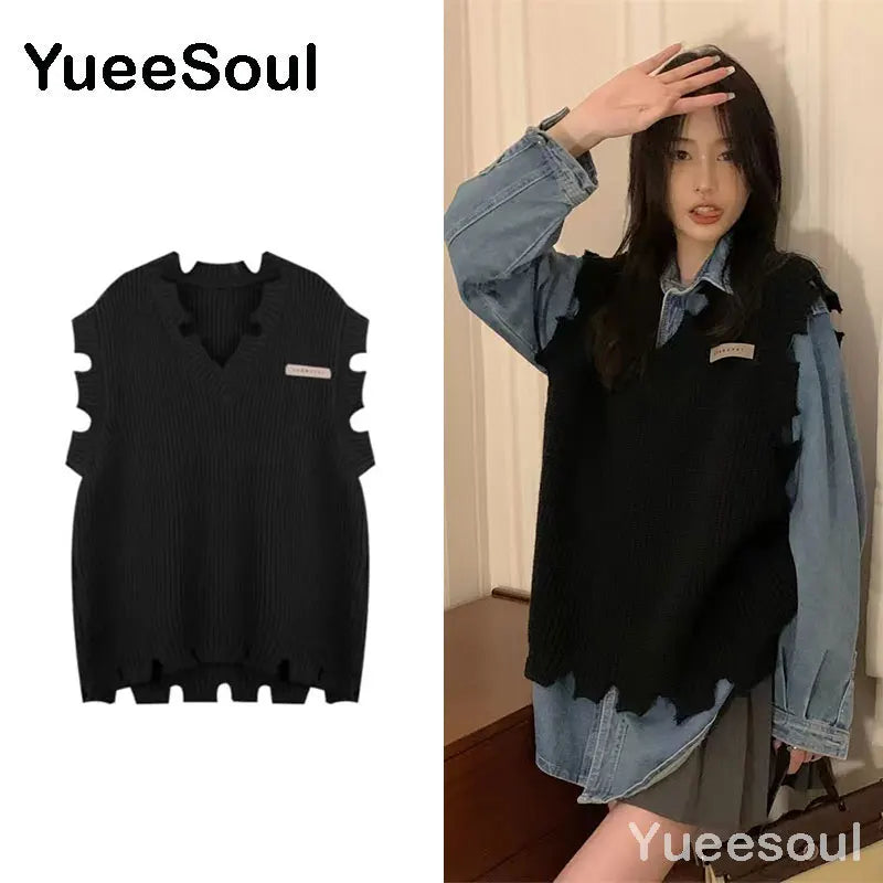 Sweet Kawaii Sweater Vest Printed Sleeveless Casual Outerwear Knitted Waistcoat 2023 Vintage Y2K Spring  E Girl Pullovers Tops