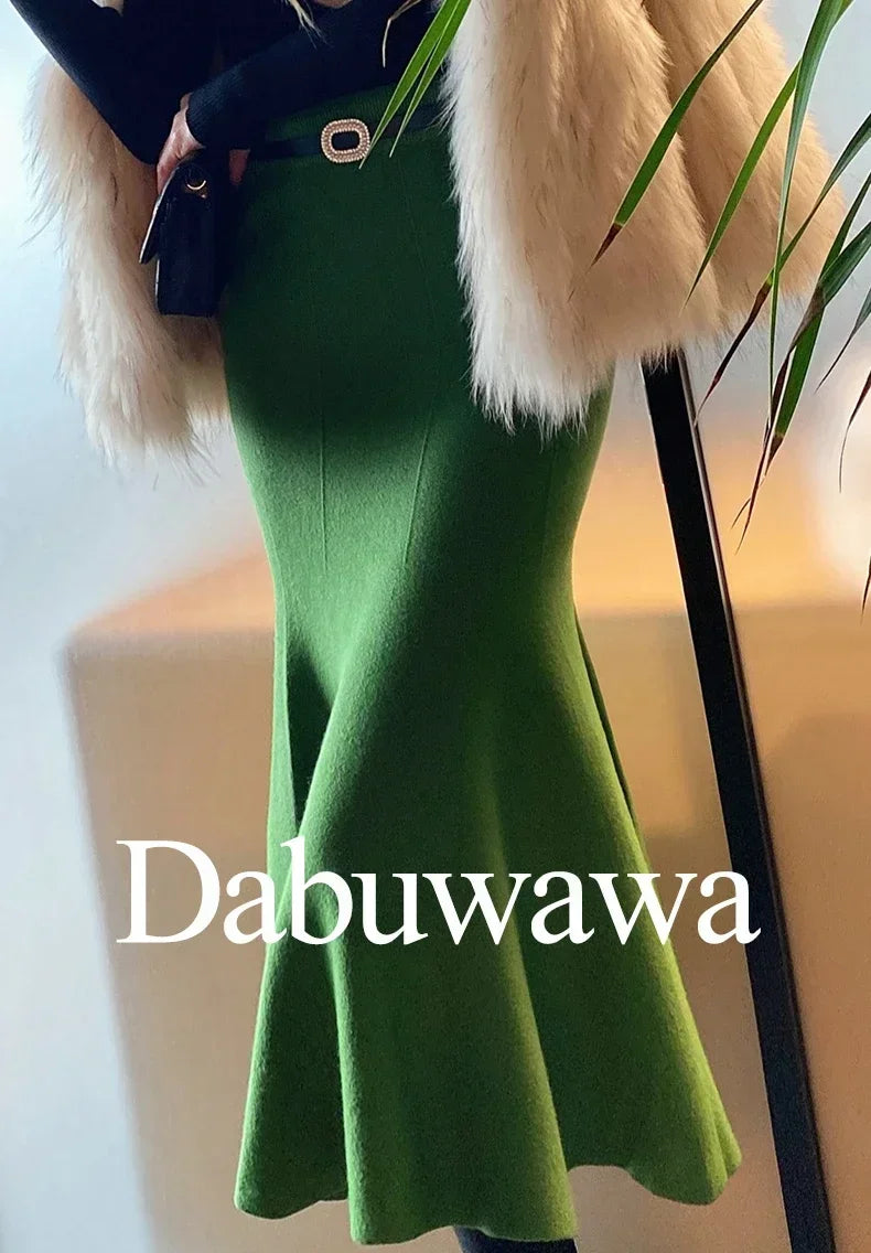 Women's Skirts 2025 Autumn Winter Fashion Knitted Long Skirts for Women Green Vintage Slim Office Lady A-LINE Fishtail Skirt