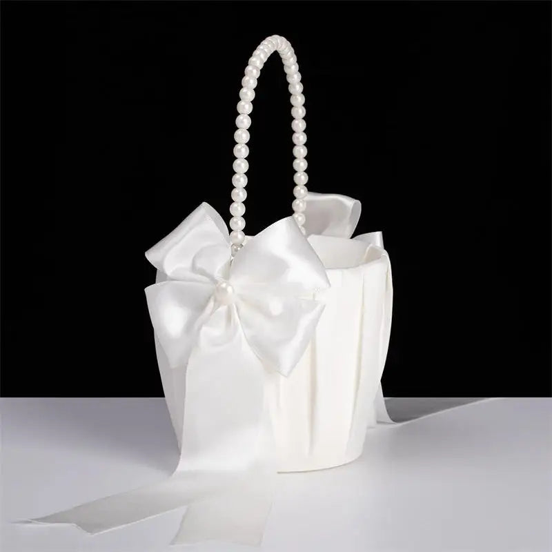 White Girls Flower Basket Silk Wedding Basket Flower Bride Girls Kids Hand Held Wedding Party Wedding  Bridal Flower Basket