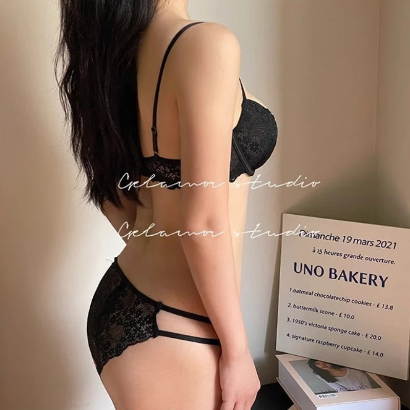 Sexy Hot Bra for Women Half Cup Ultra-thin Lace Large Breasts Show Small Chest Anti-sagging Bra Set Lencerias Sexy Underwear