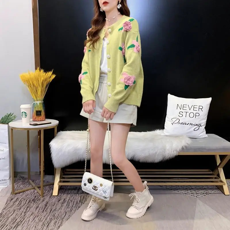 Sweater Female 2023 Spring and Autumn Knitwear Women Heavy Industry Rose Blossom Embroidery Contrast Sweater Coat Cardigan