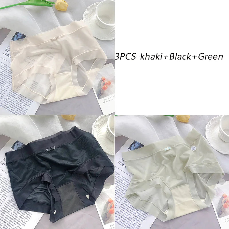 3PCS Women Seamless Panties Ice Silk Transparent Breathable Antibacterial Panty Mid-waist Briefs Cotton Underwear