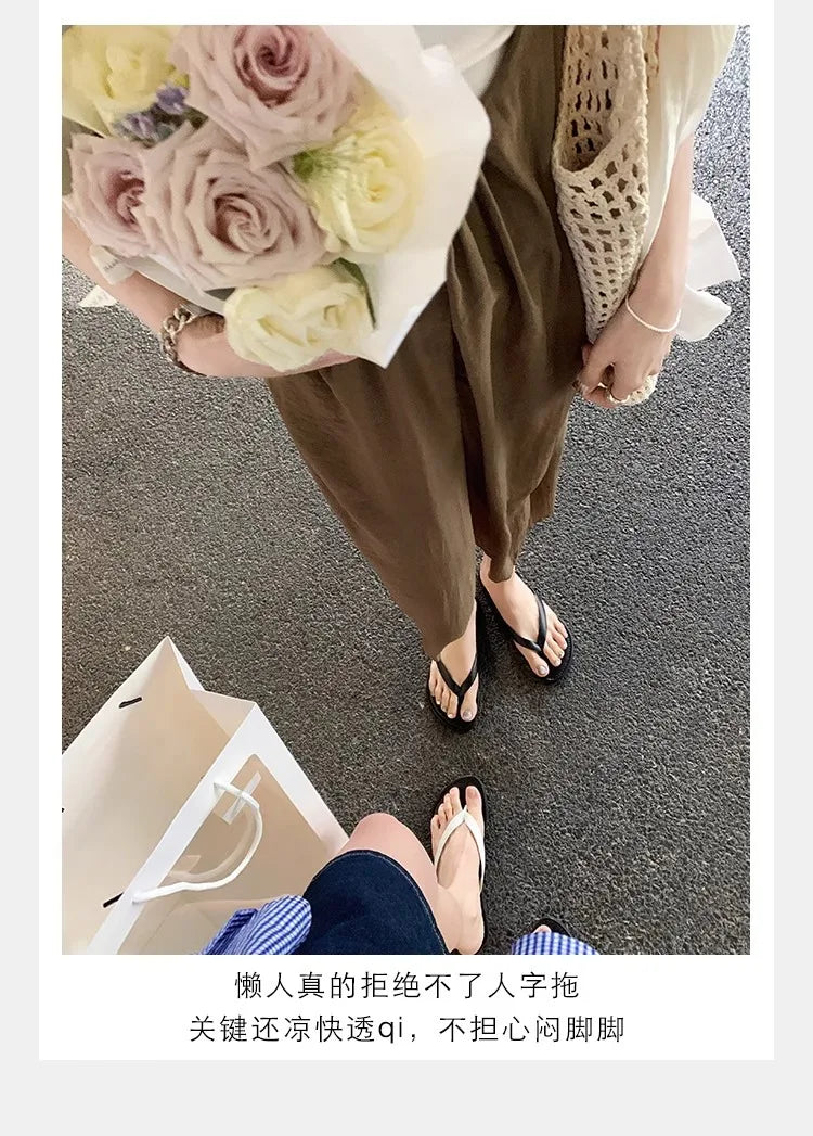 Slippers Casual Low Female Shoes Rubber Flip Flops Slides Luxury 2025 Summer Flat Hawaiian PU Hoof Heels Rome Scandals Fabric Si