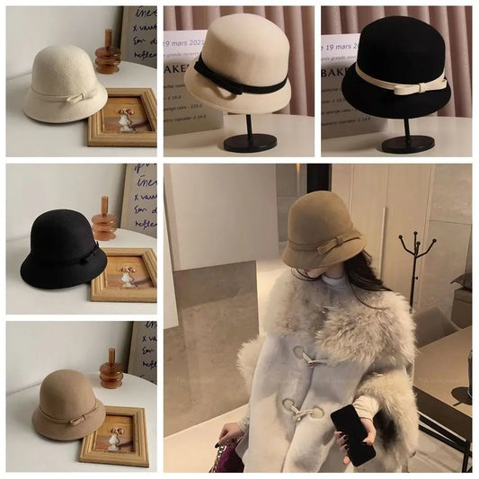 Women's Retro Hepburnesque Felt Hat - British Heiress Style with Bowknot, Formal Panama Cap for Autumn