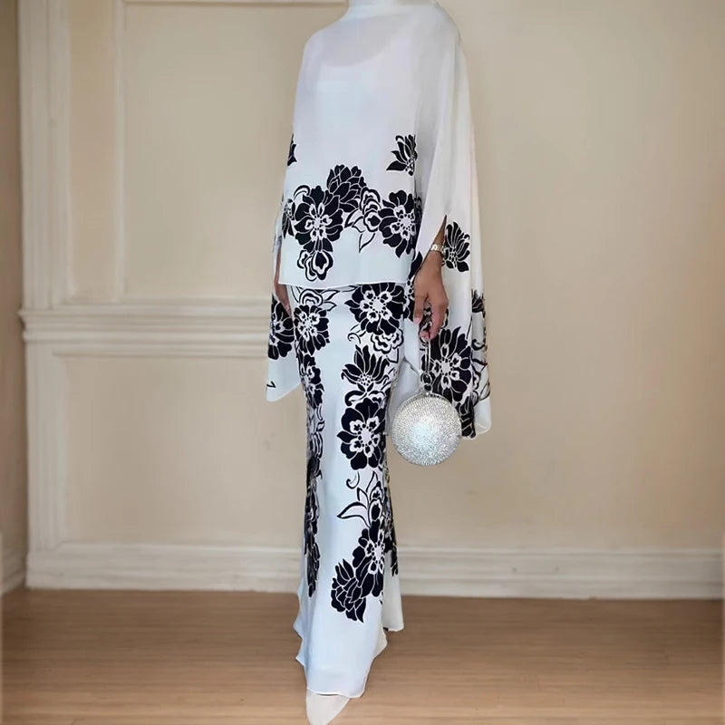 Elegant Floral Print Dress Suits Fashion Silk Beaded Loose Pencil Maxi Skirt Suit Two Piece Set Simple Party Gown Dresses Sets