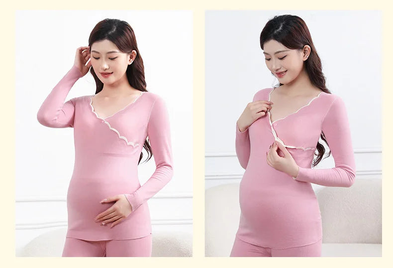 Winter Maternity Padded Warm Pajamas Pregnant Women's Homewear with Cups No Need to Wear Bra Breastfeeding Bottoming Underwear