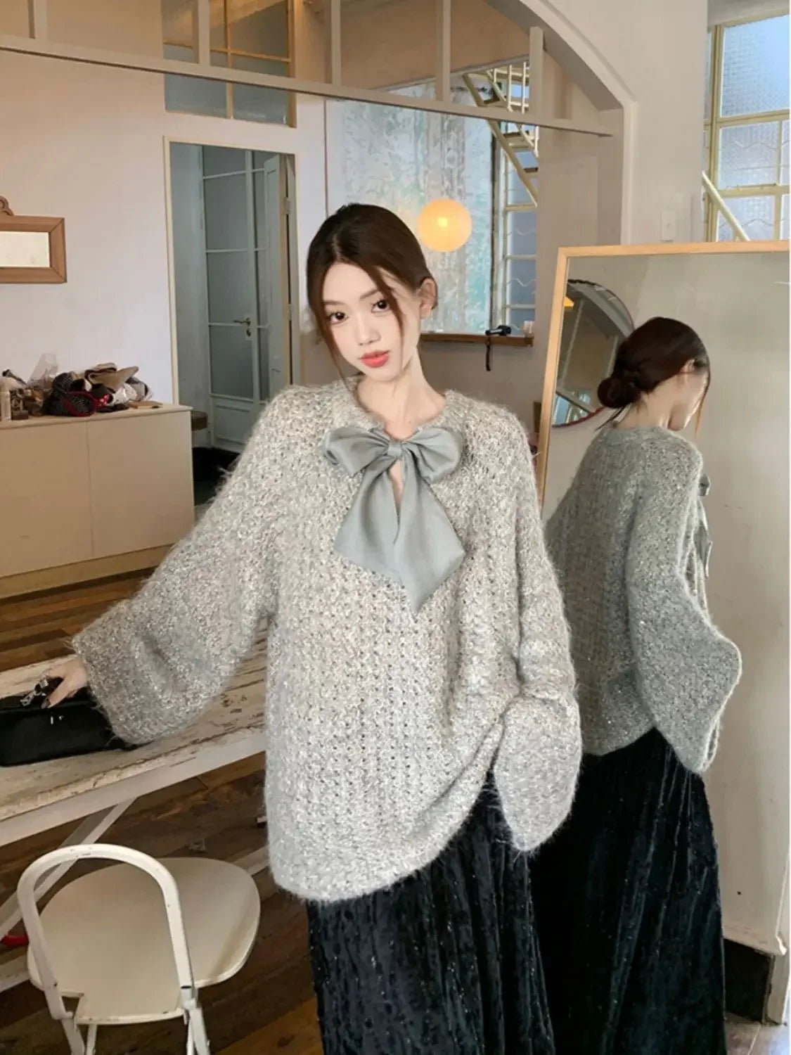 Sweater Women Sweet Bow Round Neck Casual Knitted Sweaters Korean Fashion Gentle Solid Color Casual Long Sleeve Top