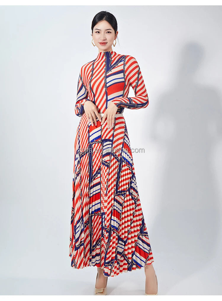 Elegant Women's Two-Piece Dress Set Pleated Striped Long-Sleeved Turtleneck Skirt Ankle Length Woven Fabric Anti-Static