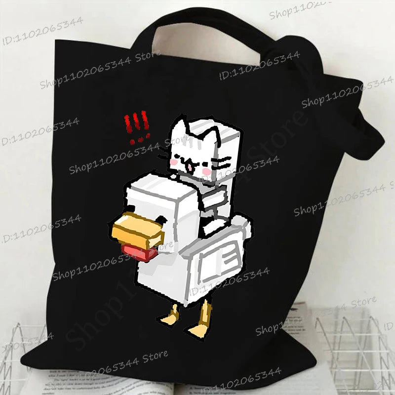 Women's Handbags Meme Cat Funny Canvas Shopping Bags Cartoon Animal Shoulder Bag Folding Reusable Tote Bags For Women Men