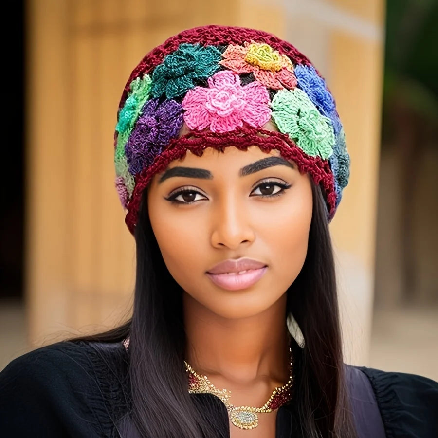 Women's Bohemian Floral Hat - Lightweight Elastic Stretch Fit, Handmade Crochet Design with Multicolor Flowers Breathable Summer