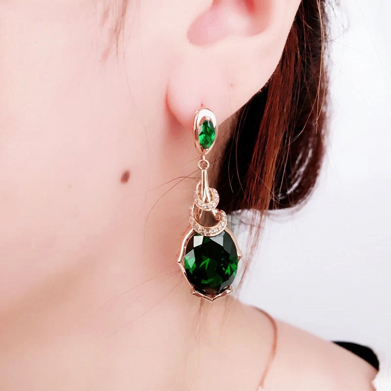 585 purple gold jewelry set plated 14K rose gold fashion luxury inlaid emerald earrings for women exquisite wedding necklace