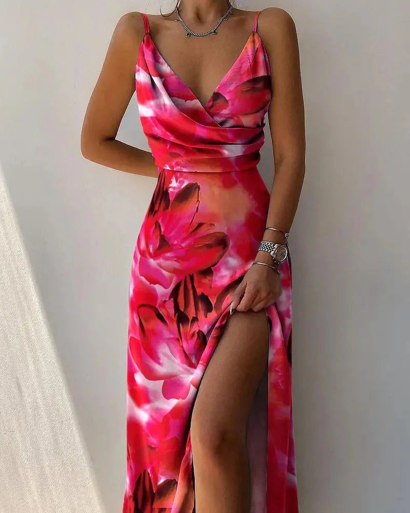 Elegant Women Sexy Dresses Summer Fashion Print Gradient Solid Out Off Shoulder V-Neck Female Camisole Dress Bandage Dress