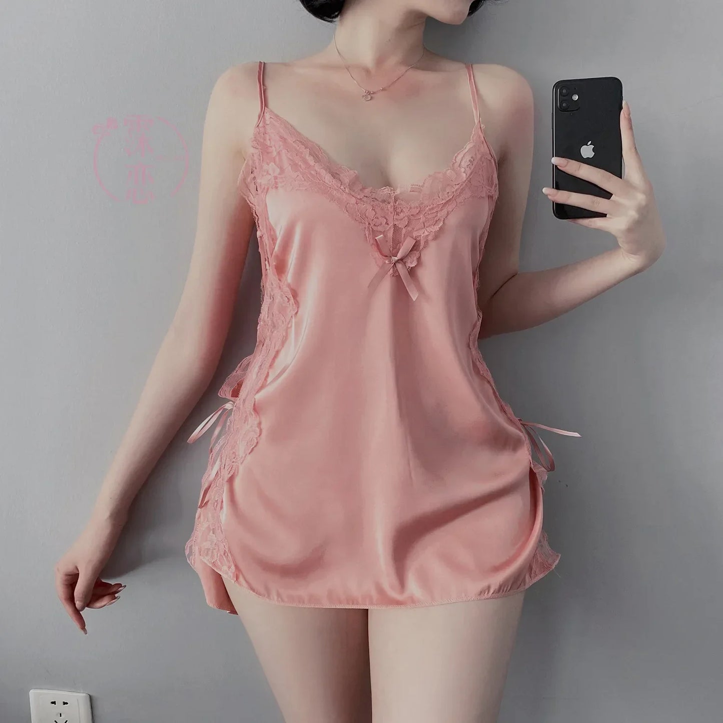 Satin Nightgown Lady Sexy Bowknot Lace Lingerie Spaghetti Strap Night Dress For Women Nighties Sleeveless Sleepwear Nightwear
