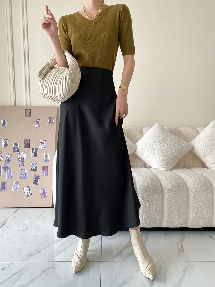 Elegant Skirts for Women Satin High Waisted 2025 New Slim Fit Long Skirt Fashion Temperament Simple Versatile Grey Black Skirts