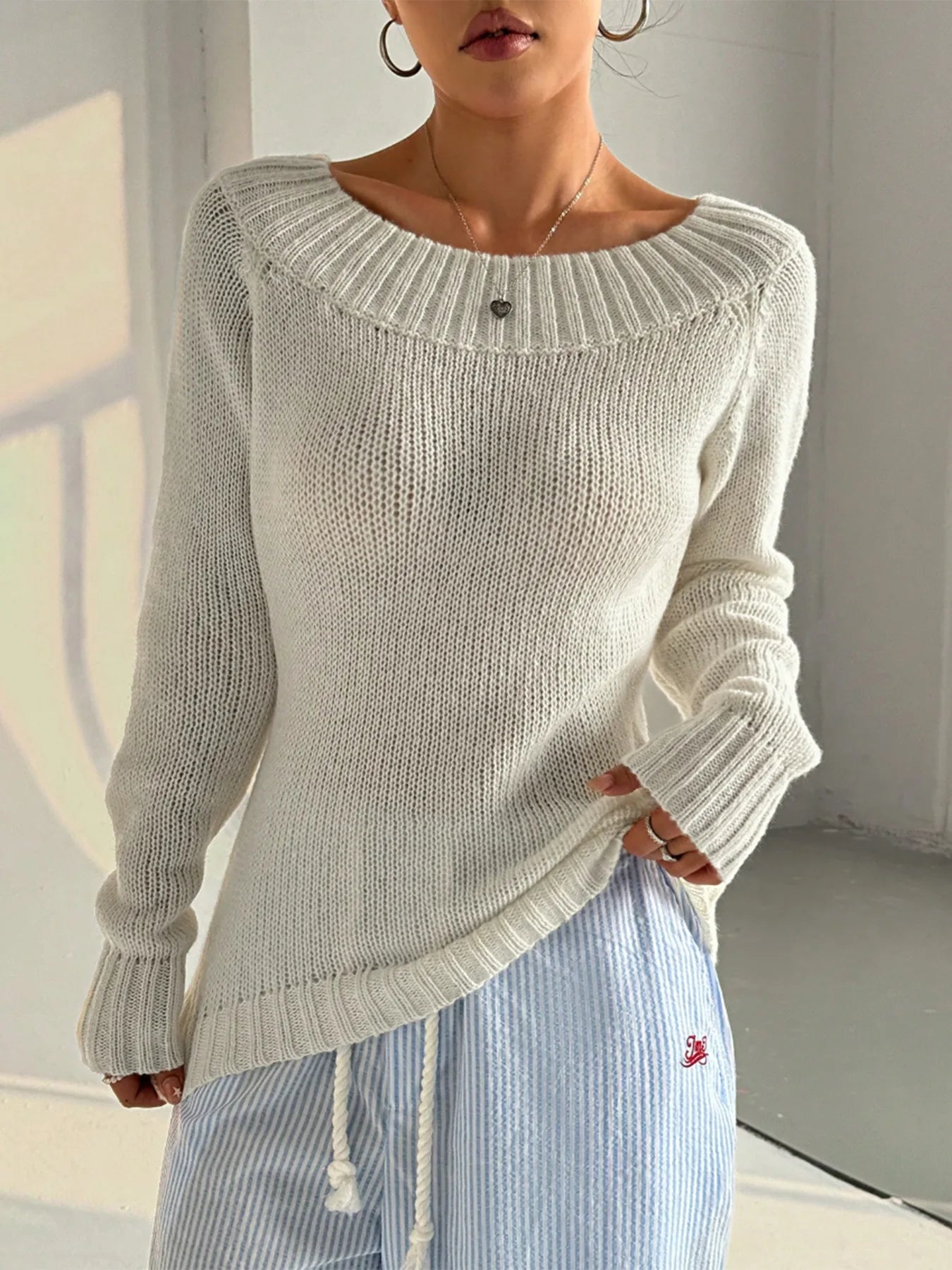 Sweater  Autumn/Winter White Simple One Word Collar Hoodie With Oblique Shoulder Out Long Sleeve Women's Knitted Casual Women