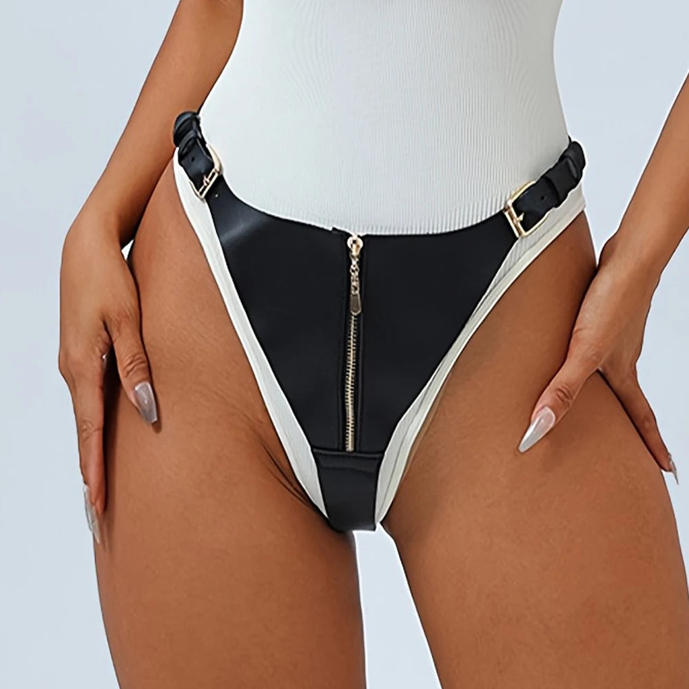 Women's sexy black PU panties, exquisite and high-end style