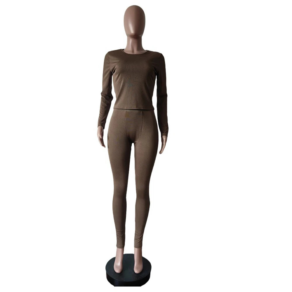Elastic Yoga Outfits Lounge Sets for Women Autumn 2 Piece Set Ladies Activewear Basic Ribbed Long Sleeve Casual Jogging Suit