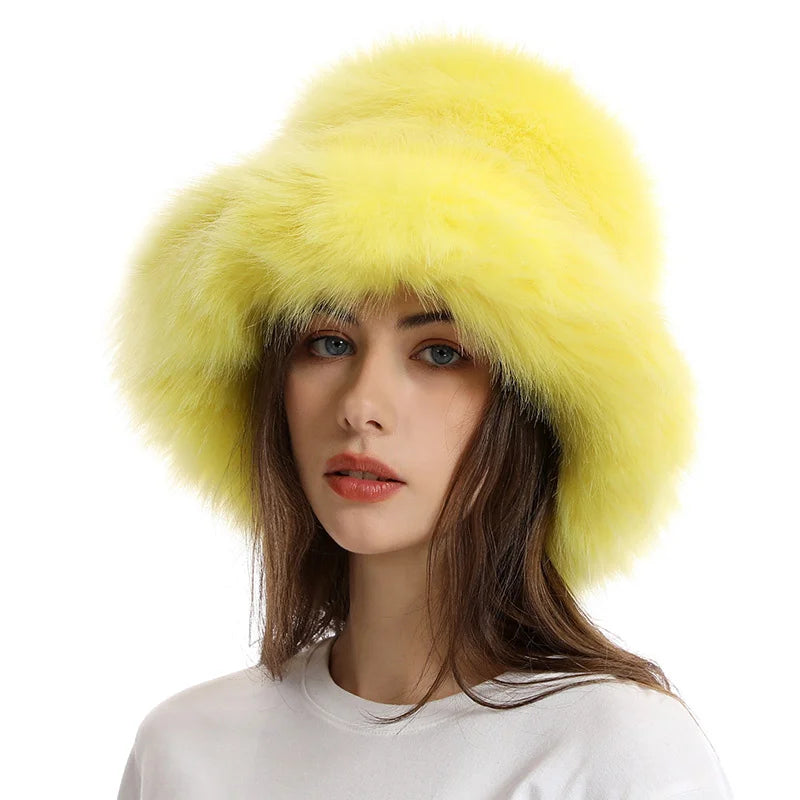 Hat Woman Winter Faux Fur Fisherman Hat Woman Versatile Warm Female Casual Party Fur Hats Women's Cap Ins Plush Bucket Hat