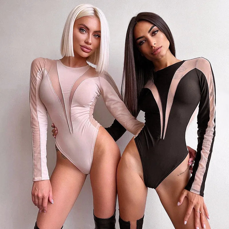 See Through Sexy Bodysuit Lingerie Long Sleeve Lenceria Tranparente One-Pieces Body Feminino Skinny Corset Top Women Rave Outfit