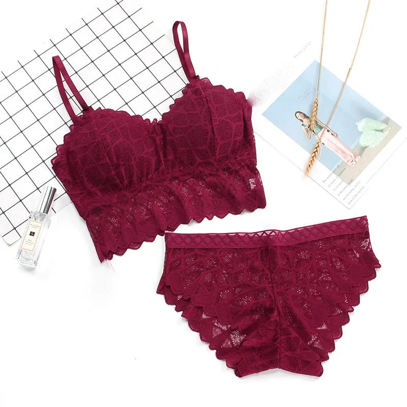 Women's Bra Set Sexy Beauty Back Tops Lace Push-up Bras and Panty Sets Wire Free Lingerie Solid Padded Intimates Underwear